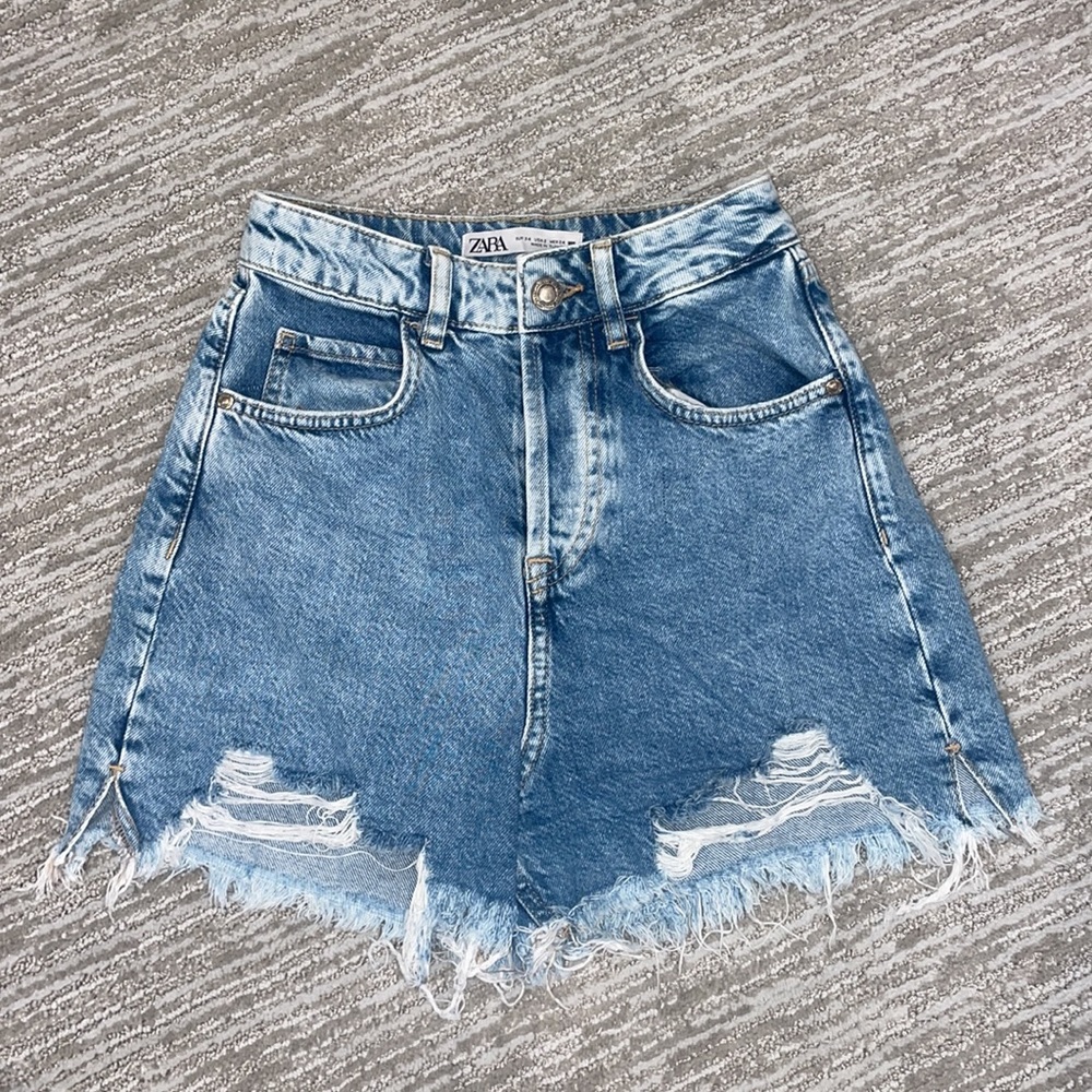 Zara Blue Distressed High-Waist Denim Shorts